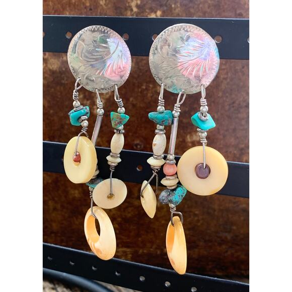 Native Sterling Silver, Bone and Stone Dangle Earrings Vintage - Picture 3 of 5